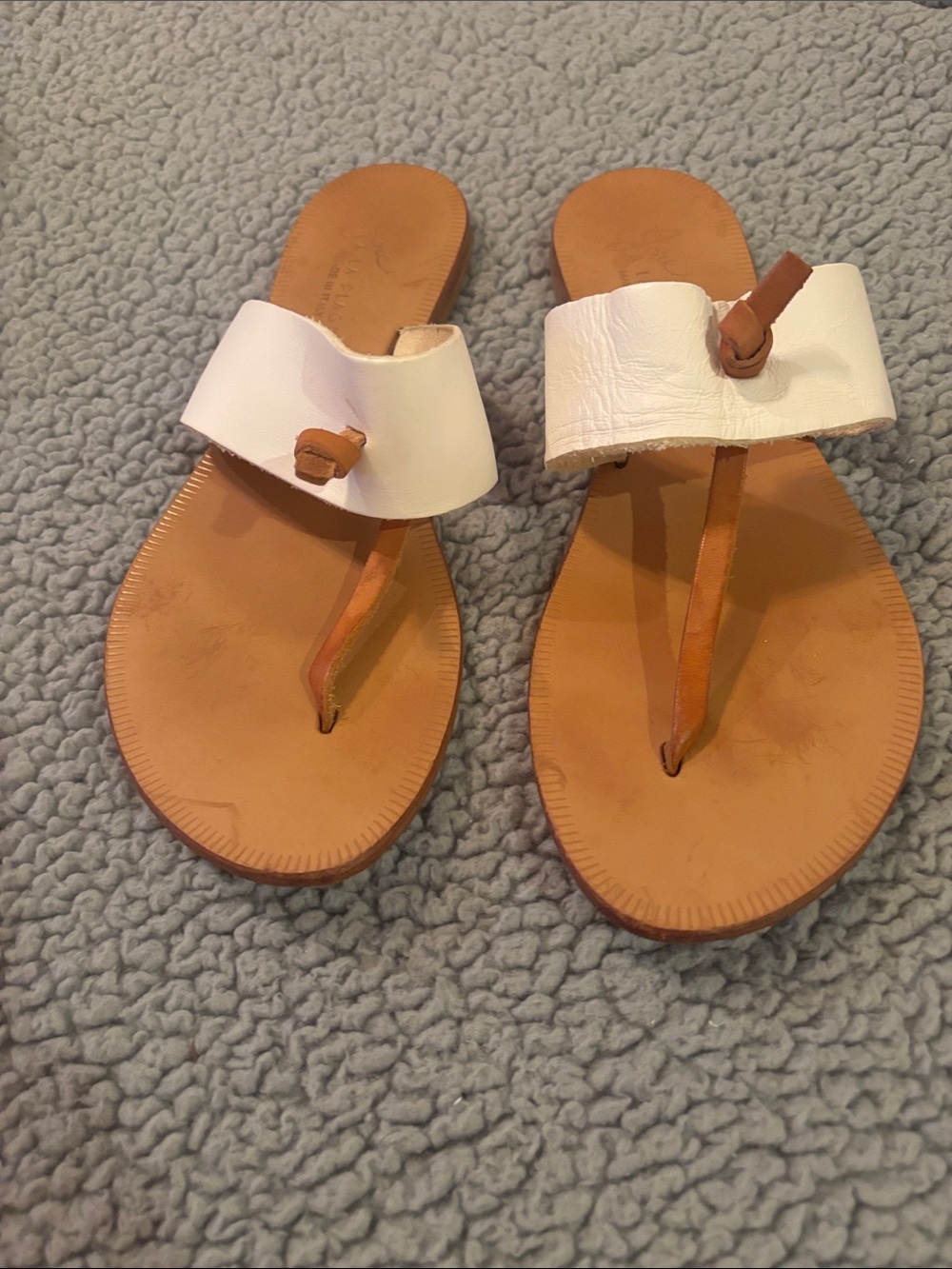 Joie White and Tan Leather Thong Sandals